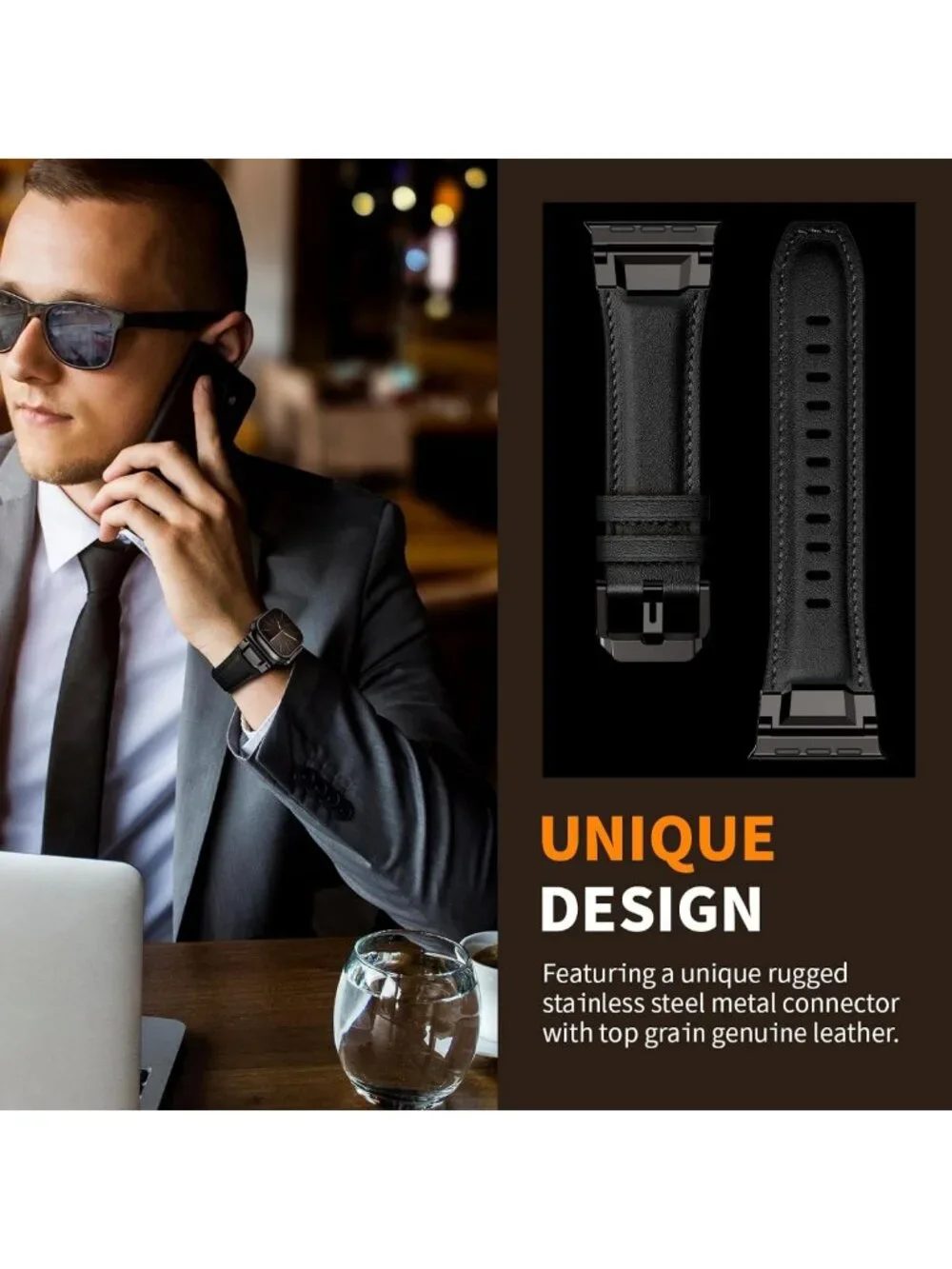 Genuine Leather Apple Watch Band for Men, 49mm-42mm, Metal Connector, Black